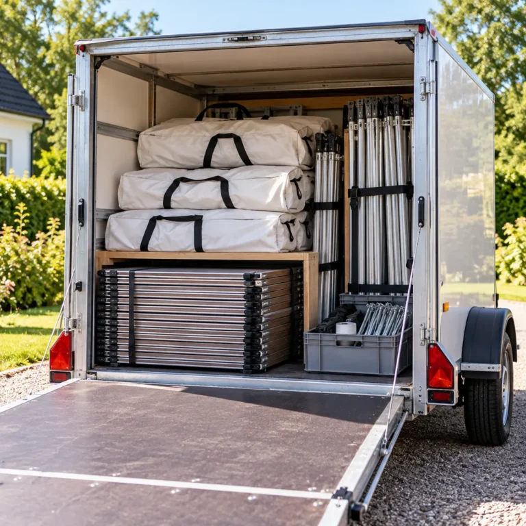 Den lukkede trailer med åben bagklap, pakket med teltdug, gulvplader og stænger.